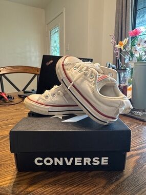 Converse Kids White Canvas Low Top Sneakers with Red Trim